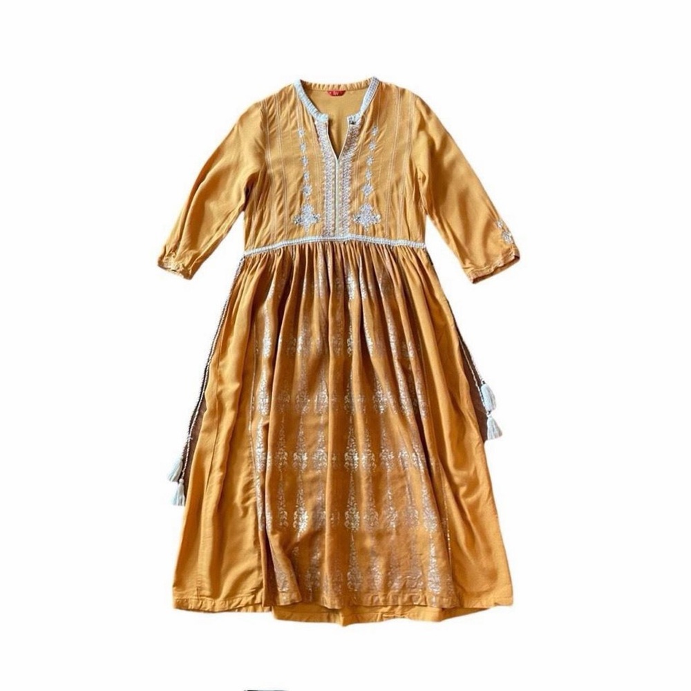 Mustard Embroidered Boho Midi Dress S/M